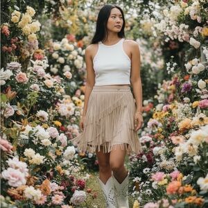 NWOT Zara Beige Layered Fringe Faux Suede Western Style Wrap Mini Skirt | L